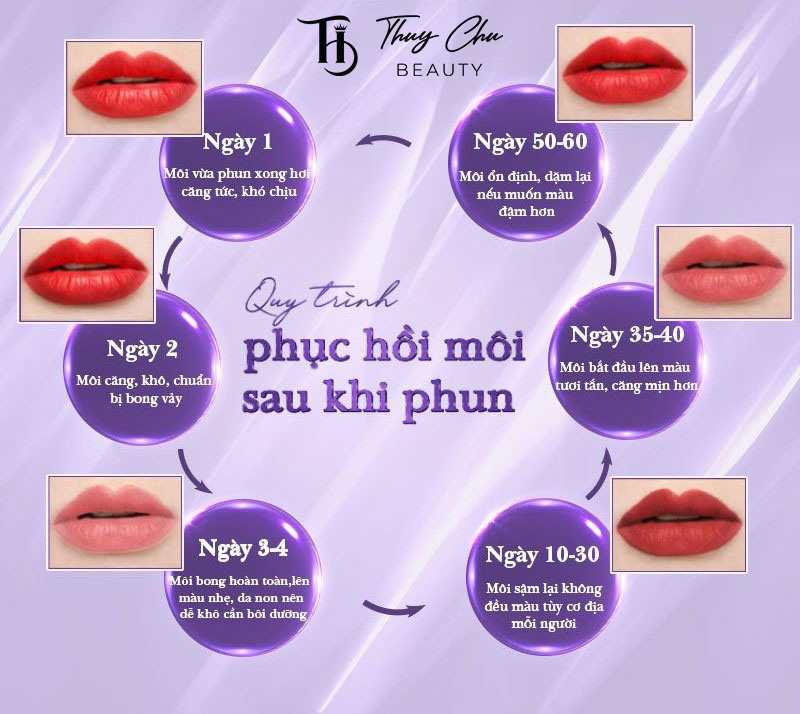 Bảng mô tả quy trình hồi phục môi sau khi phun collagen tại thẩm mỹ Thúy Chu