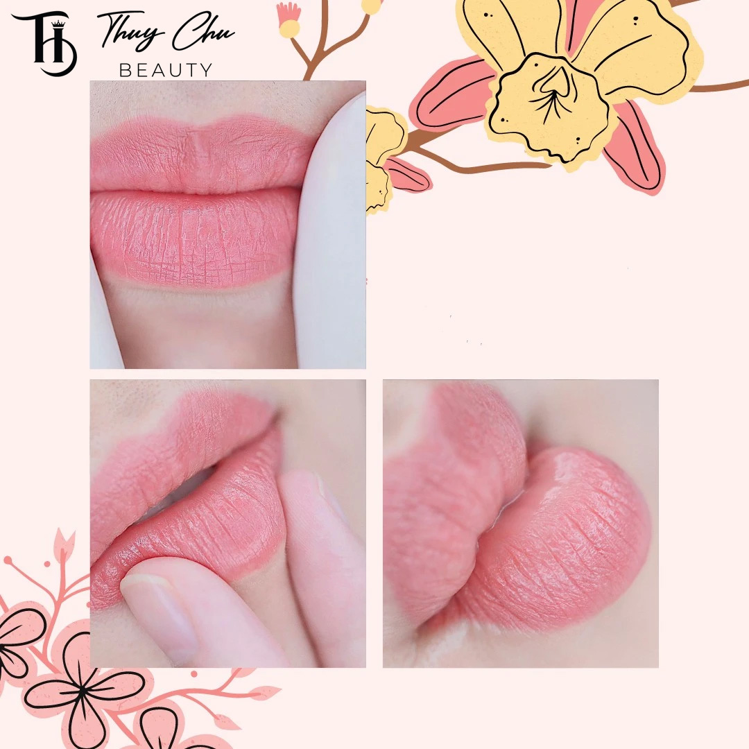Đôi môi phun hồng nude mềm mại, căng mọng, phù hợp phong cách trang điểm tự nhiên